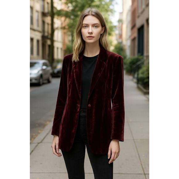 Eileen Fisher Silk Blend Velvet Blazer Jacket Medium Burgundy Pockets Holiday - Picture 16 of 16
